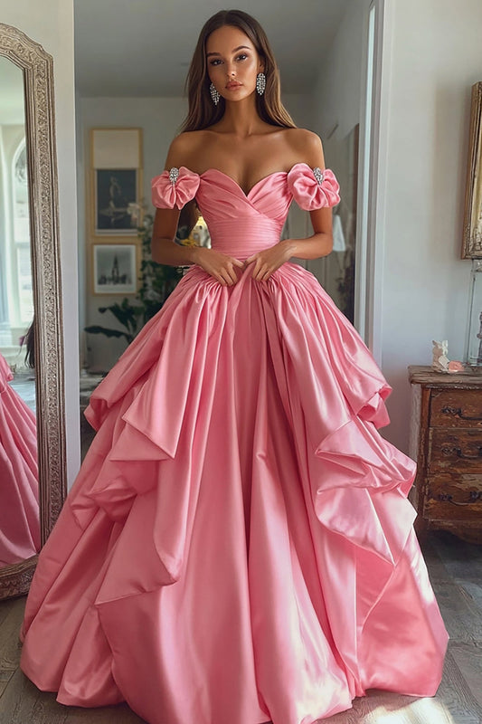 Pink Ball Gown Long Off the Shoulder Prom Dress with Ruffles