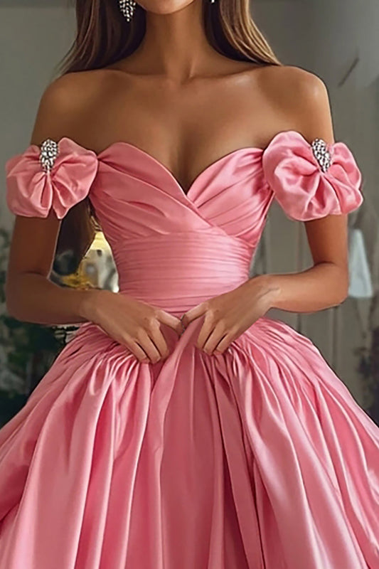 Pink Ball Gown Long Off the Shoulder Prom Dress with Ruffles