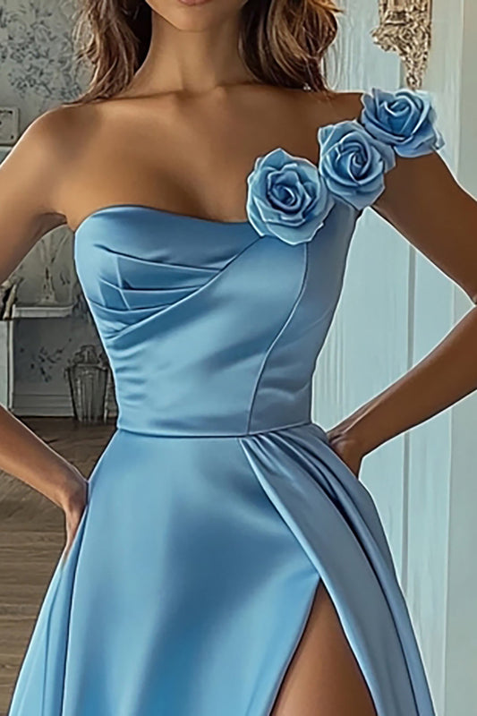 Sky Blue A Line Satin Long Prom Dress with 3D Flowers