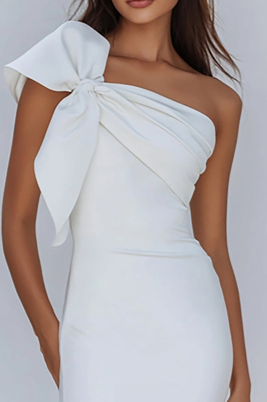 White Sheath Satin One Shoulder Short Graduation Dress with Bow