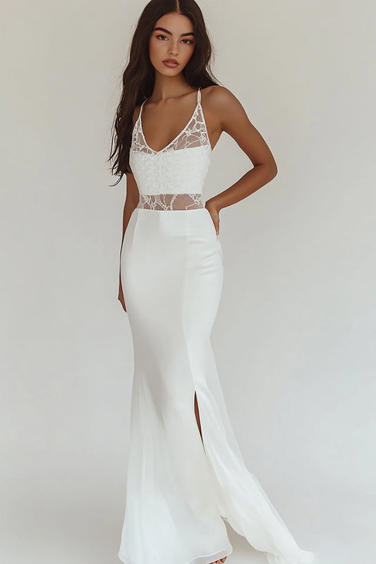 Mermaid White Satin V-Neck Rehearsal Dinner Dress with Slit