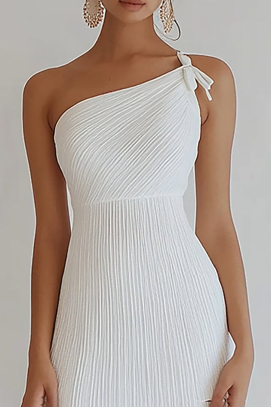 White Bodycon One Shoulder Mini Graduation Dress with Bow