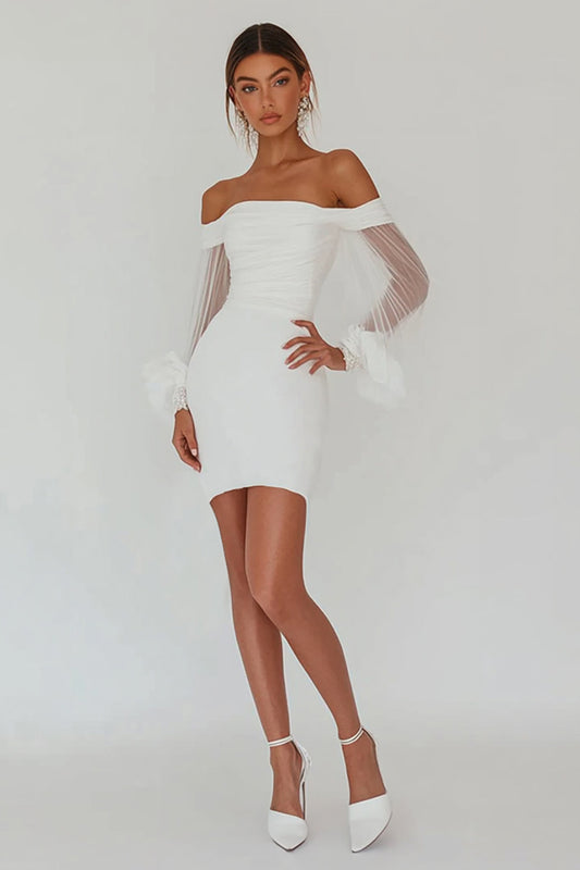 Sheath White Bodycon Off the Shoulder Graduation Dress