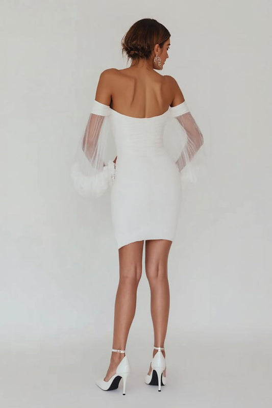 Sheath White Bodycon Off the Shoulder Graduation Dress