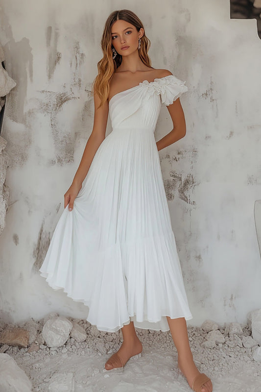 White Tulle A Line One Shoulder Rehearsal Dinner Dress with Ruffles