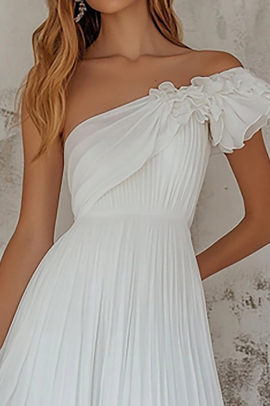 White Tulle A Line One Shoulder Rehearsal Dinner Dress with Ruffles