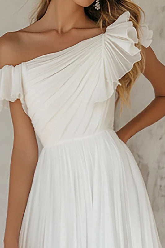A Line Elegant White Tulle Rehearsal Dinner Dress with Ruffles