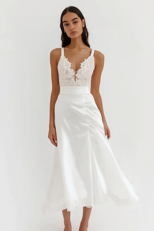 A Line White Satin Rehearsal Dinner Dress with Lace Appliques