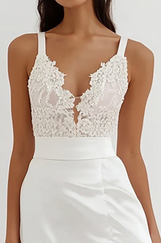 A Line White Satin Rehearsal Dinner Dress with Lace Appliques