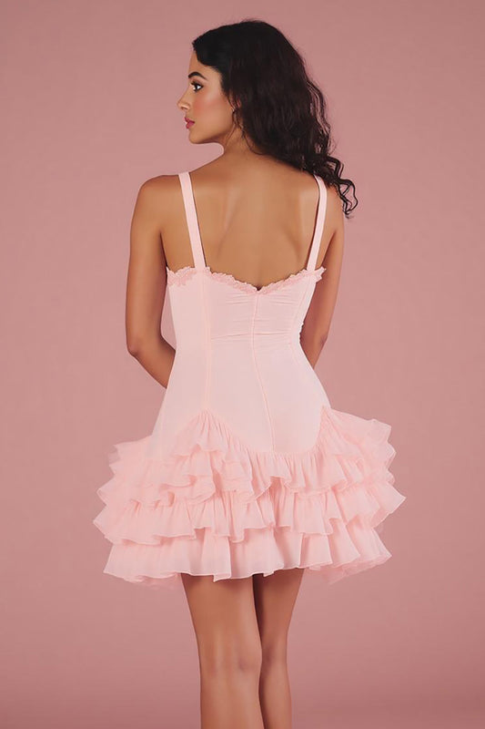 Pink A Line Backless Mini Graduation Dress with Ruffles