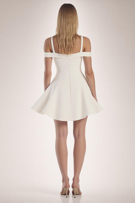 A Line White Satin Cold Shoulder Short Graduation Dress