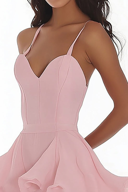 Pink A Line Spaghetti Straps Graduation Dress with Ruffles