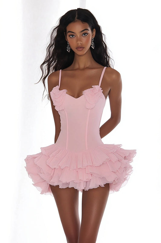 A Line Pink Spaghetti Straps Graduation Dress with Ruffles