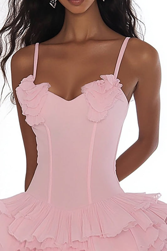A Line Pink Spaghetti Straps Graduation Dress with Ruffles