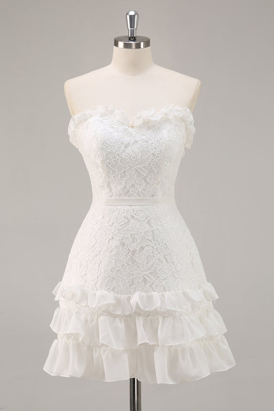 White Lace Appliqued Mini Graduation Dress Ruffled A Line Strapless Sweetheart Bridal Shower Dress