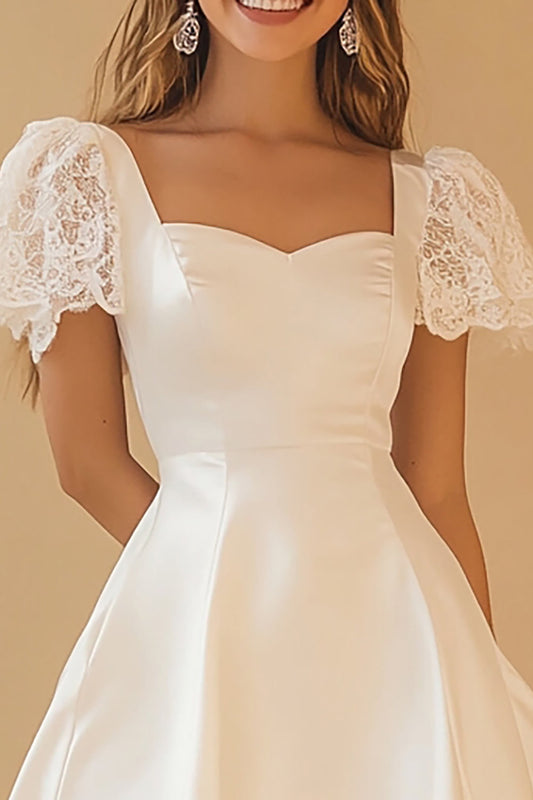 White A Line Satin Mini Graduation Dress with Short Sleeves