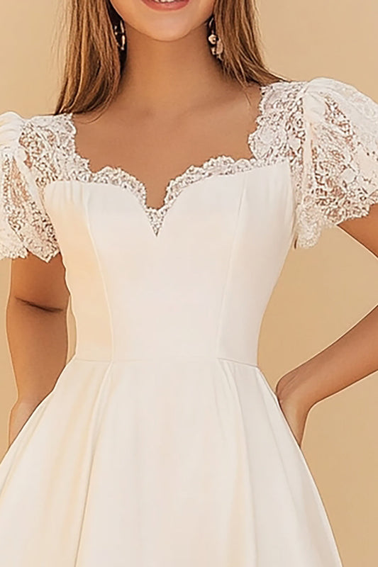 A Line White Satin Lace Graduation Dress with Short Sleeves