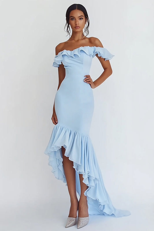 Sky Blue High-Low Satin Rehearsal Dinner Dress with Ruffles