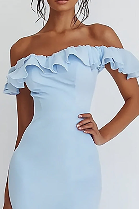 Sky Blue High-Low Satin Rehearsal Dinner Dress with Ruffles