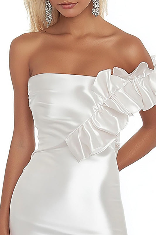 White Bodycon Satin Short Graduation Dress with Ruffles