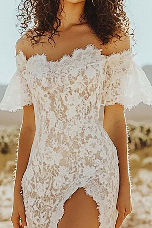 White Lace Mermaid Off the Shoulder Maxi Wedding Dress with Slit