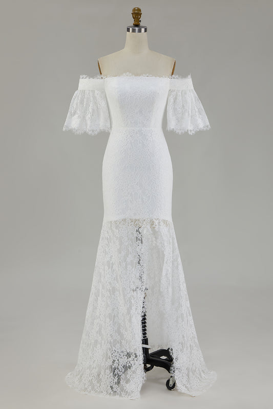White Off the Shoulder Lace Mermaid Boho Maxi Wedding Dress with Slit