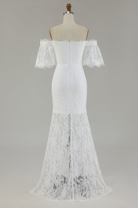 White Off the Shoulder Lace Mermaid Boho Maxi Wedding Dress with Slit