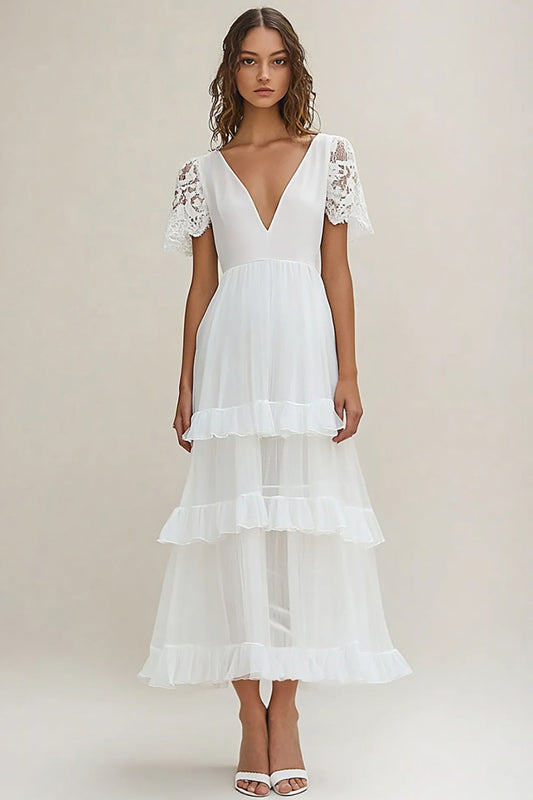 White Chiffon Long Rehearsal Dinner Dress with Lace Sleeves