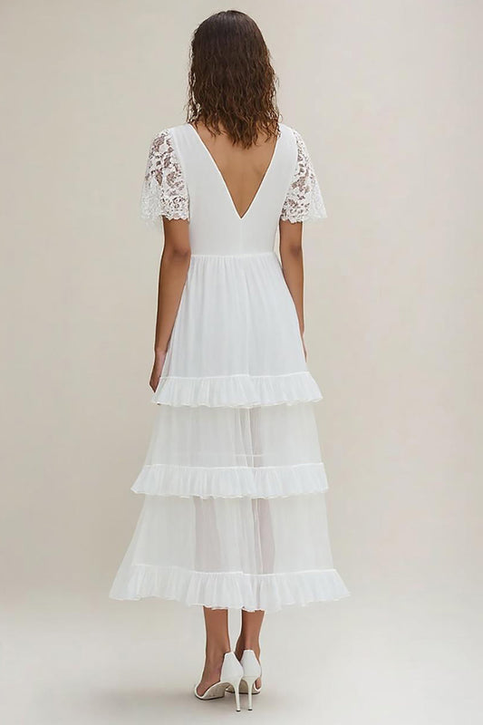 White Chiffon Long Rehearsal Dinner Dress with Lace Sleeves