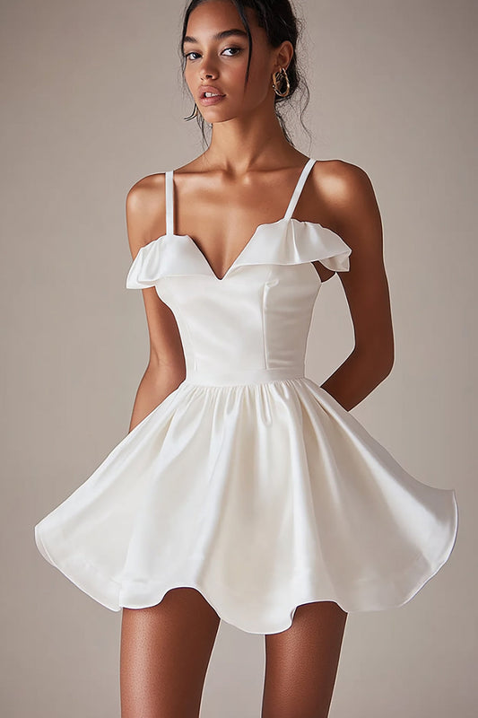 Satin A Line Spaghetti Straps Mini Ruched Little White Dress