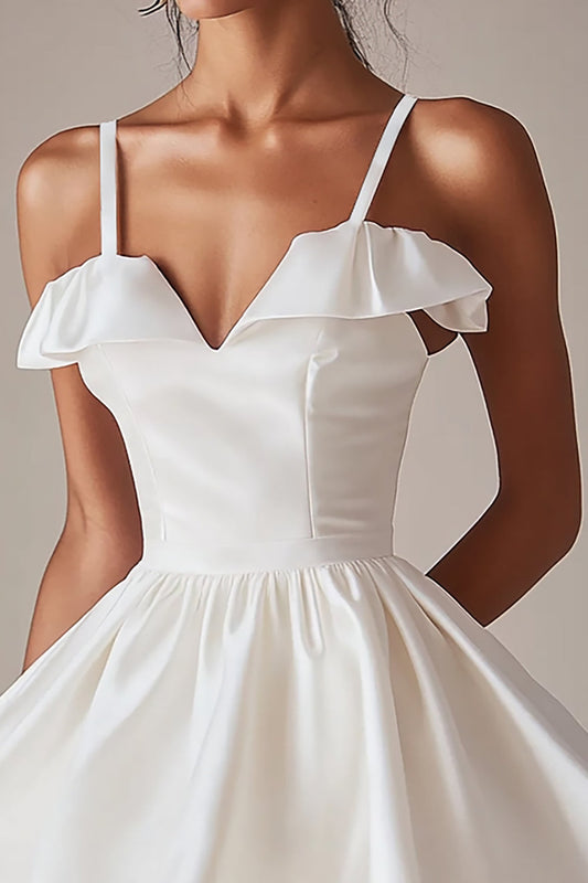 Satin A Line Spaghetti Straps Mini Ruched Little White Dress