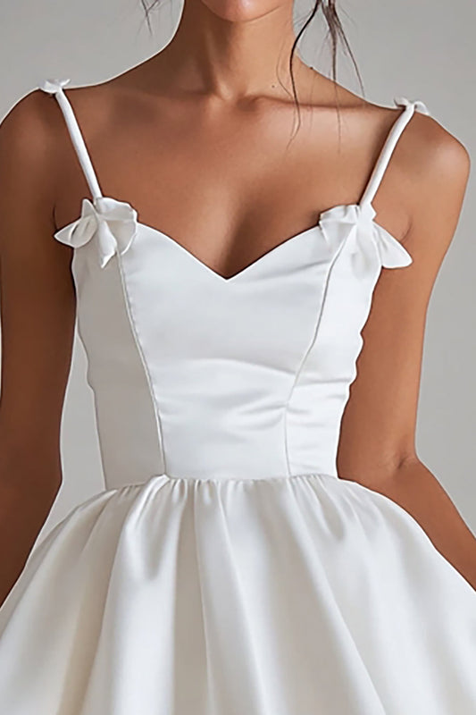 Spaghetti Straps V-Neck A Line Pleated Mini Little White Dress