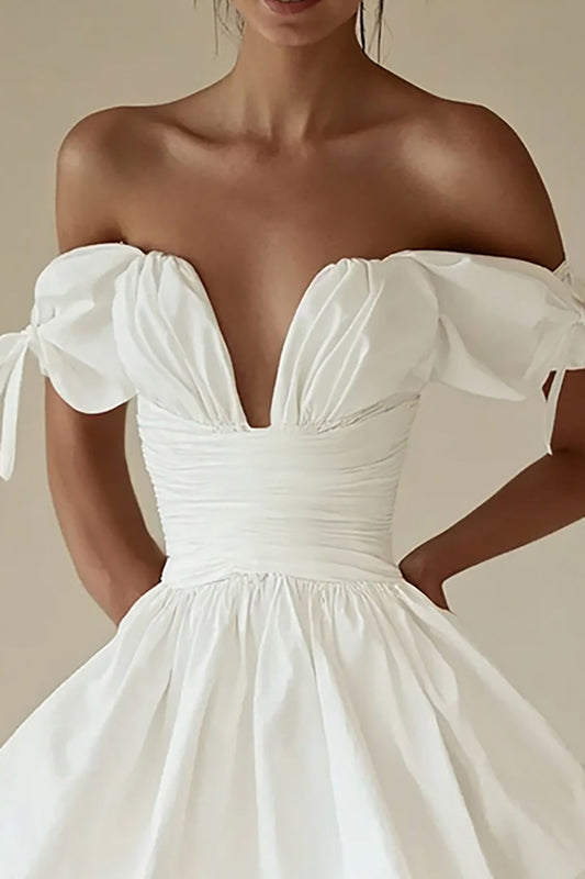 Off the Shoulder Ruched A Line Mini Pleated Little White Dress