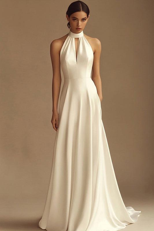 A Line White Satin Backless Rehearsal Dinner Dress Halter Keyhole Sleeveless Engagement Dress