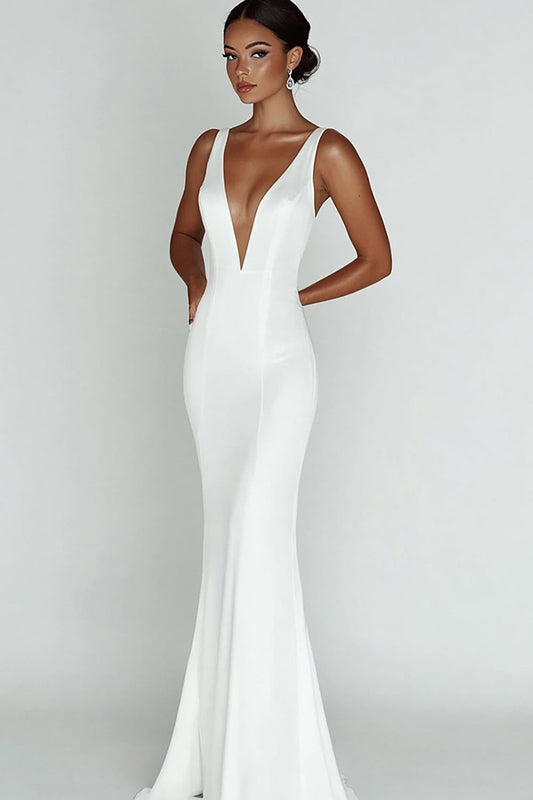 White Deep V-Neck Sleeveless Long Rehearsal Dinner Dress