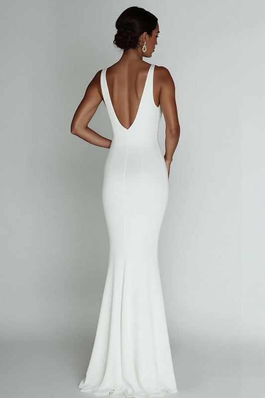 White Deep V-Neck Sleeveless Long Rehearsal Dinner Dress