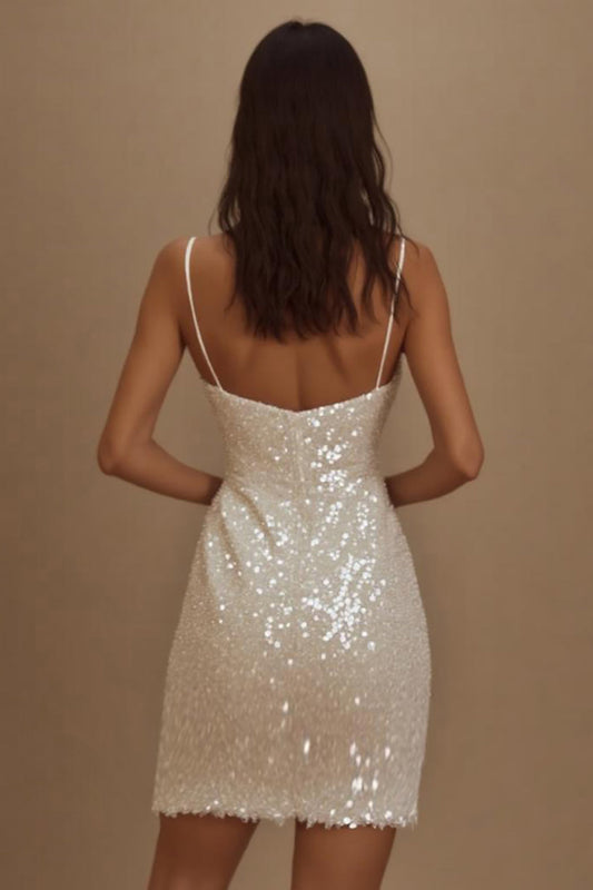 Sparkly Sequins A Line Spaghetti Straps Little White Dress