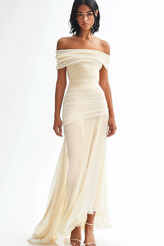 Chiffon Ivory Sheath Long Off the Shoulder Rehearsal Dinner Dress