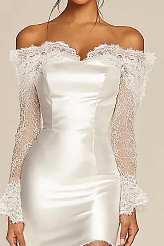Off the Shoulder Sheath Short Little White Dress with Lace Sleeves