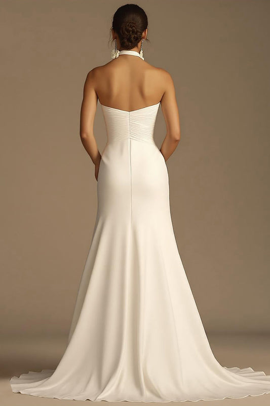 White Halter A Line Satin Long V-Neck Rehearsal Dinner Dress