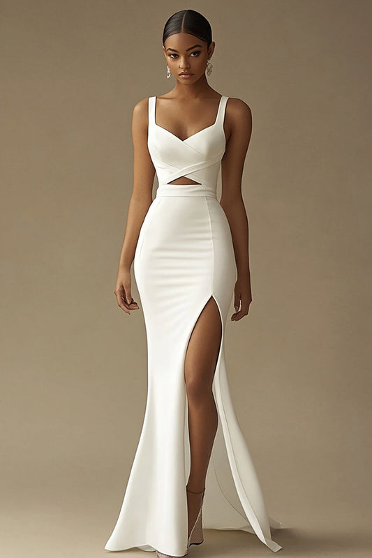 White Cut-Out Long Mermaid Rehearsal Dinner Dress with Slit Sweetheart Engagement Dress