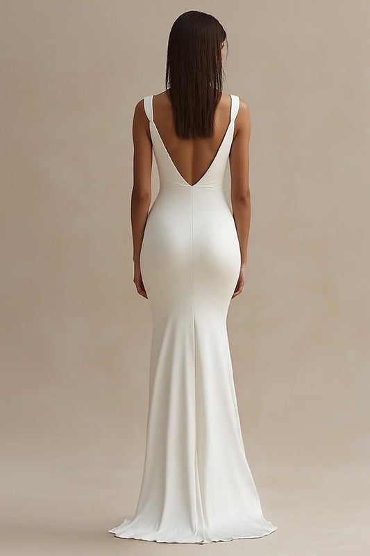 White Satin Mermaid Long Ruched Rehearsal Dinner Dress with Slit