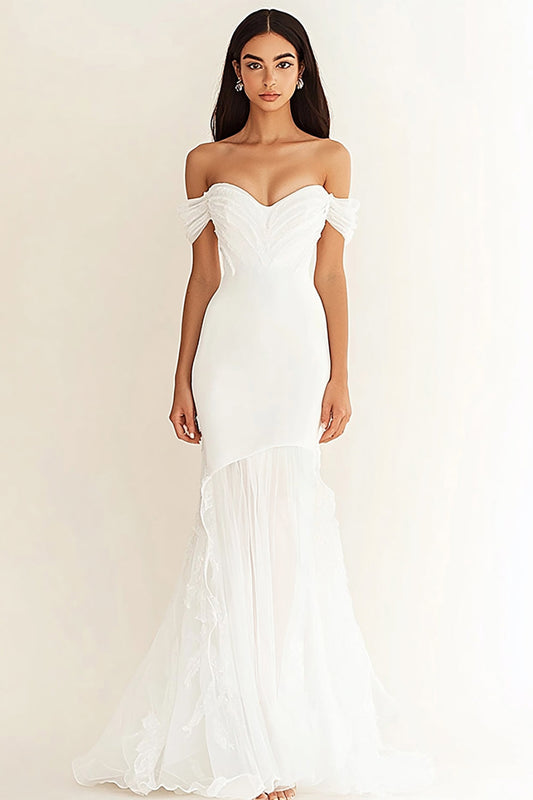 White Off the Shoulder Mermaid Long Rehearsal Dinner Dress