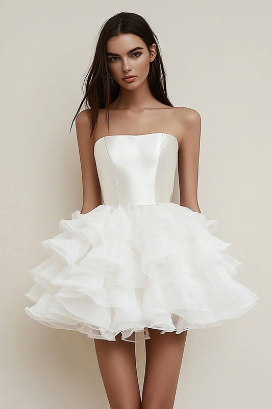 Satin Tiered Strapless A Line Square Neck Little White Dress