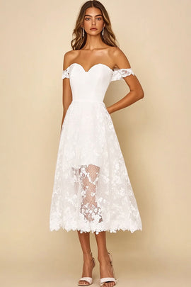 Off the Shoulder White Long A Line Rehearsal Dinner Dress with Lace