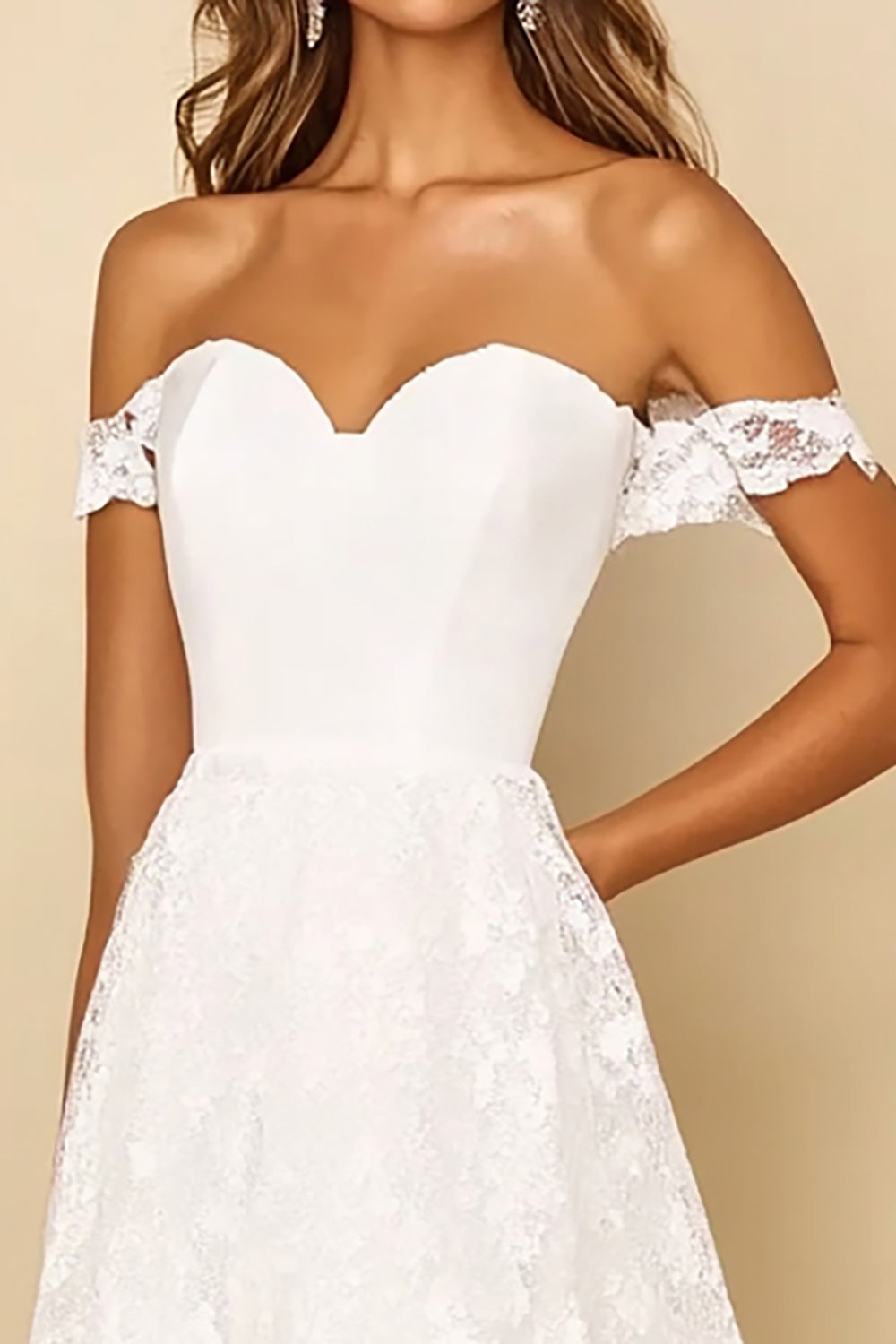 Off the Shoulder White Long A Line Rehearsal Dinner Dress with Lace Off the Shoulder White Long A Line Rehearsal Dinner Dress with Lace