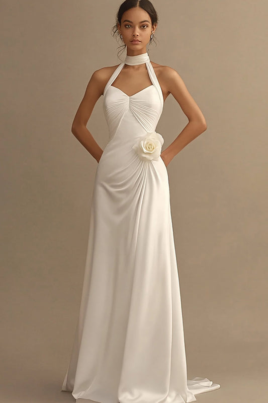 White A Line Chiffon Long Rehearsal Dinner Dress with 3D Flower