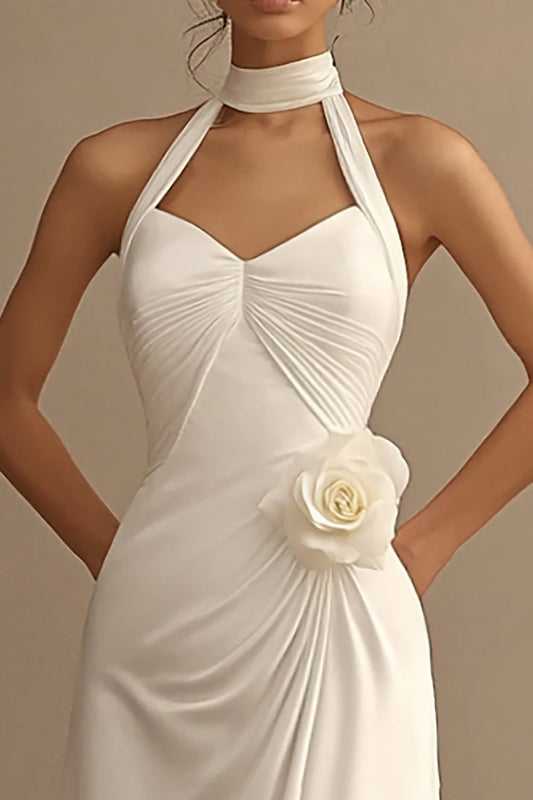 White A Line Chiffon Long Rehearsal Dinner Dress with 3D Flower
