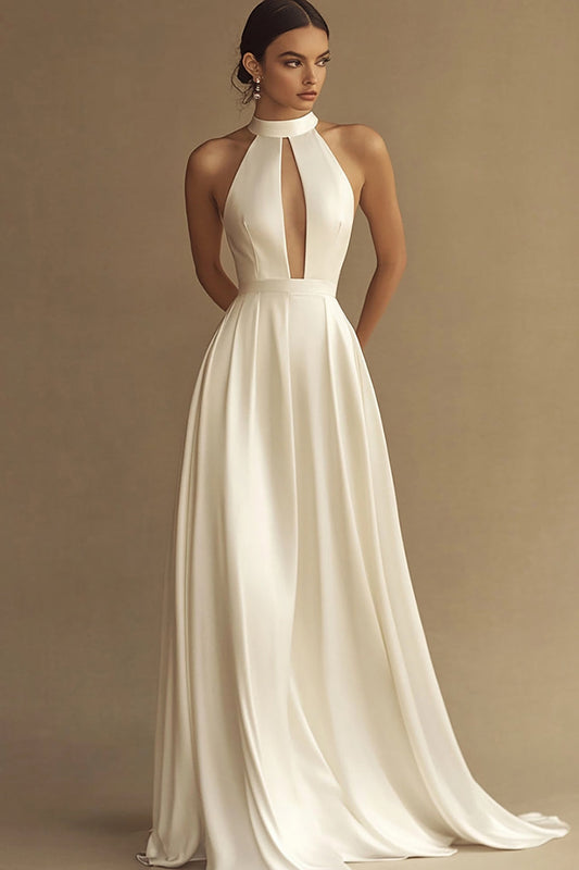 White A Line Satin Long Rehearsal Dinner Dress Keyhole Sleeveless Engagement Dress