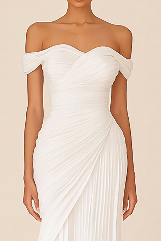 White Off the Shoulder Chiffon Long Rehearsal Dinner Dress